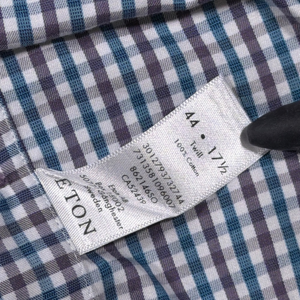 Eton Button Down Shirt Mens 17.5 Blue Gingham Contemporary Fit Cotton Twill - Picture 7 of 8